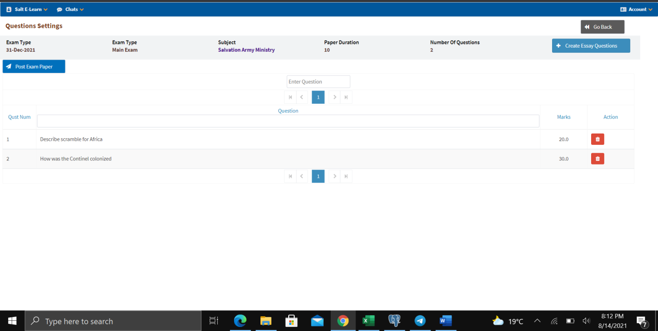 Post Essay Exam Paper