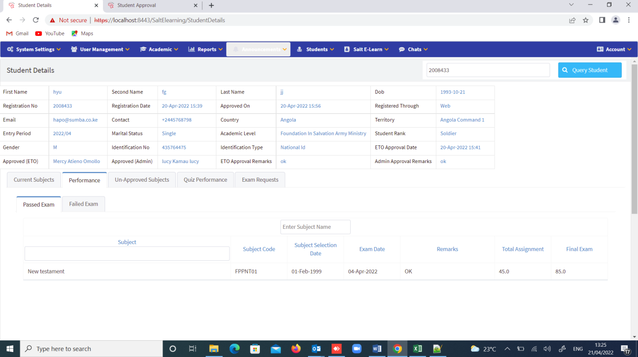 Exam Register Report